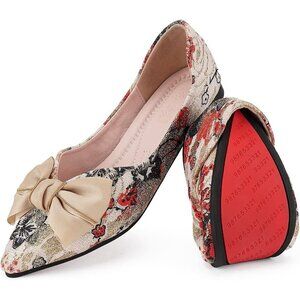 Hxlber Flats Shoes Women's Cream Embroidered cloth upper and rubber sole Shoes